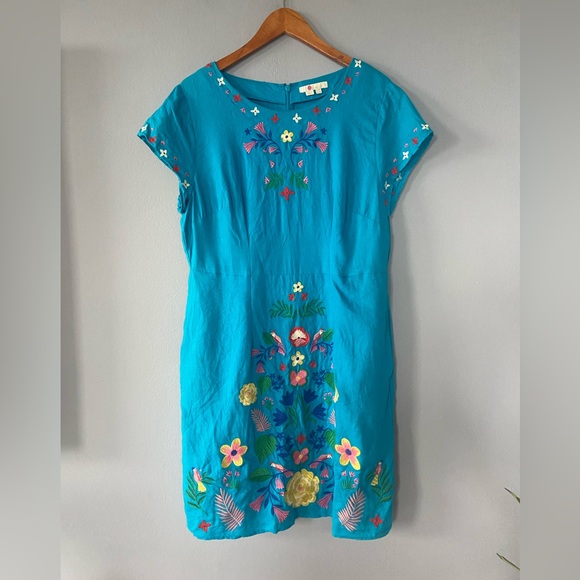 🛑SOLD BODEN Laura Linen Embroidered Dress in Blue Lagoon Size 14 - Picture 3 of 10